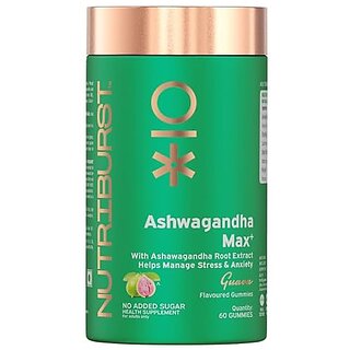 Nutriburst Ashwagandha Max 500mg Gummies for Stress and Anxiety Relief  Vigour Energy Power  Stamina  Relax Refresh Mind  Body  Guava Flavor Gummies No added sugar 60 Gummy