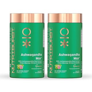 Nutriburst Ashwagandha Max 500mg Gummies for Stress and Anxiety Relief  Vigour Energy Power  Stamina  Relax Refresh Mind  Body  Guava Flavor Gummies No added sugar (Pack of 2 X 60 Gummy)