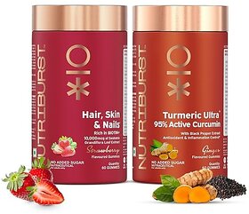 Nutriburst Super Wellness Combo  Hair Skin  Nails Biotin Gummies  95 Active Curcumin 800mg  Black Pepper Gummies  High Potency Sesbania Extract Natural Biotin 10000mcg  Multivitamins  Weight Loss Management  Gut Health (Pack of 2X60)