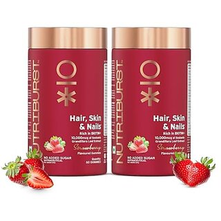 Nutriburst Biotin Gummies for Healthy Hair Skin  Nails Growth  With High Potency 10000 mcg of Sesbania Extract Natural BiotinFolic Acid  No-Added Sugar Strawberry Flavor(Pack of 2 X 60 Gummy)