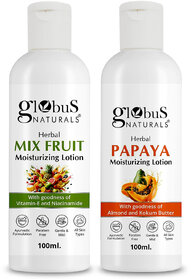 Globus Naturals Body Lotion Combo Set of 2 Mix Fruit  Papaya Body Lotion For NonGreasy Lightweight Body Moisturizer for Women  Men  All Skin Types