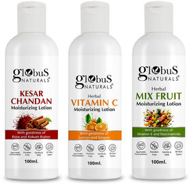 Globus Naturals Body Lotion Combo Set of 3 Kesar Chandan Vitamin C  Mix Fruit Body Lotion For NonGreasy Lightweight Body Moisturizer for Women  Men  All Skin Types