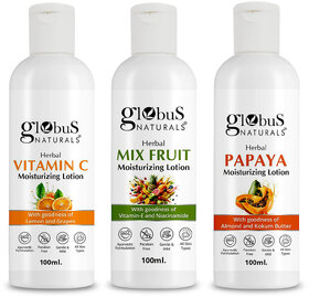 Globus Naturals Body Lotion Combo (Set of 3) -  Vitamin C, Mix Fruit & Papaya, Lightweight Moisturizer for A Skin Types