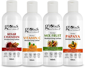 Globus Naturals Body Lotion Combo Set of 4 Kesar Chandan Vitamin C Mix Fruit Papaya Body Lotion For NonGreasy Lightweight Body Moisturizer for Women Men All Skin Types
