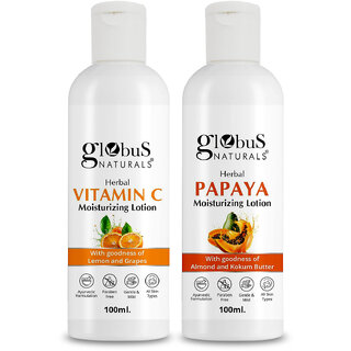 Globus Naturals Body Lotion Combo Set of 2 Vitamin C  Papaya Body Lotion For NonGreasy Lightweight Body Moisturizer for Women  Men  All Skin Types