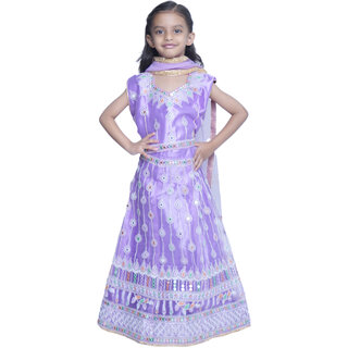 Kid Kupboard Cotton Girls Lehanga, Choli and Dupatta Set, Purple, Sleeveless, 6-7 Years KIDS6888