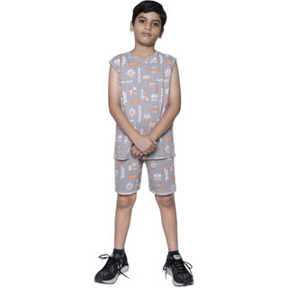 Kid Kupboard Cotton Boys T-Shirt and Short Set, Light Grey, Sleeveless, 9-10 Years KIDS6885