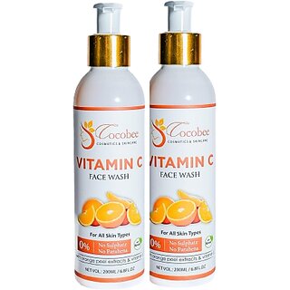 COCOBEE Vitamin C Face Wash Pack of 2, 200ml  Brightening  Revitalizing Cleanser for Glowing Skin