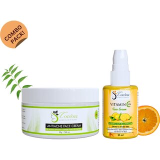 COCOBEE Anti-Acne Face Cream Pack of 1, (50g)  Vitamin C Face Serum Pack of 1 (30ml)  Acne Treatment, Brightening