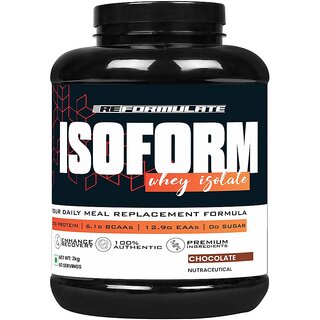 Reformulate I Isoform I  Whey Isolate I Your Daily Meal Replacement Formula I 27G Protein  6.1G BCAA  12.9G EAA  O g Sugar I Enhance Recovery I 100 Authentic I Premium Ingredients I Nutraceutical I Serving 60 I Chocolate I 2 KG
