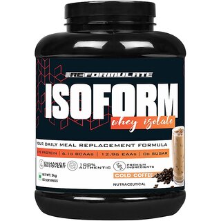 Reformulate I Isoform I  Whey Isolate I Your Daily Meal Replacement Formula I 27G Protein  6.1G BCAA  12.9G EAA  O g Sugar I Enhance Recovery I 100 Authentic I Premium Ingredients I Nutraceutical I Serving 60 I Cold Coffee I 2 KG