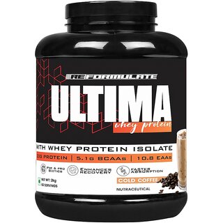Reformulate I Ultima I Whey Protein with Isolate I 23 G Protein I 5.1G BCAA I 10.8 EAA I  Pre  Probiotics I Enhances Recovery I Faster Absorption I Nutraceutical I Cold Coffee I Serving 60 I 2 KG