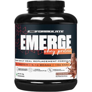 Reformulate I Emerge I Whey Protein I Your Daily Meal Replacement Formula I 20 G I Protein I 5.1 G Bcaa's I 10 G Eaa's I Enhance Recovery I 100 Authentic I Premium Ingredients I 60 Servings I Nutraceutical I Chocolate I 2 KG