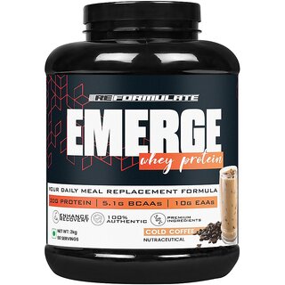 Reformulate I Emerge I Whey Protein I Your Daily Meal Replacement Formula I 20 G I Protein I 5.1 G Bcaa's I 10 G Eaa's I Enhance Recovery I 100 Authentic I Premium Ingredients I 60 Servings I Nutraceutical I Cold Coffee I 2 KG