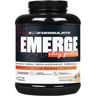 Reformulate I Emerge I Whey Protein I Your Daily Meal Replacement Formula I 20 G I Protein I 5.1 G Bcaa's I 10 G Eaa's I Enhance Recovery I 100 Authentic I Premium Ingredients I 60 Servings I Nutraceutical I Malai Kulfi I 2 KG