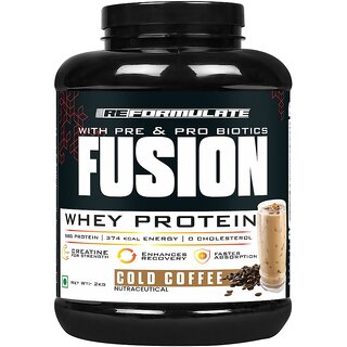 Reformulate I Fusion I Whey Protein I With Pre  Pro Biotics I Muscle Growth I 58G Protein  379 Kcal Energy  O Cholesterol I Creatine for Strength I Enhances Recovery I Faster Absorption I Nutraceutical I Cold Coffee I 2 KG