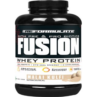 Reformulate I Fusion I Whey Protein I With Pre  Pro Biotics I Muscle Growth I 58G Protein  379 Kcal Energy  O Cholesterol I Creatine for Strength I Enhances Recovery I Faster Absorption I Nutraceutical I Malai Kulfi I 2 KG