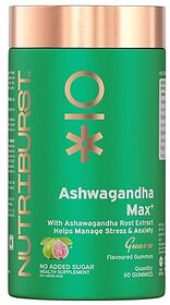 Nutriburst Ashwagandha Max 500mg Gummies for Stress and Anxiety Relief  Vigour Energy Power and Stamina  Relax Refresh Mind and Body  Guava Flavor Gummies No added sugar 60 Gummy
