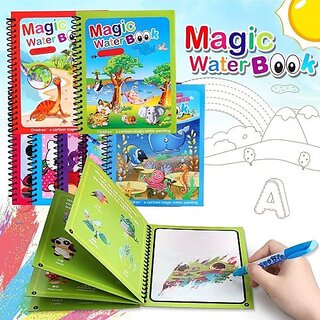 Magic Water Book Animal, Dino and Aqua Theme Unlimited Fun with Drawing Reusable Water Coloring Book Nib Sketch Pens (Set of 4, Multicolor)