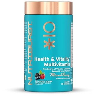 Nutriburst Health and Vitality Gummies with Multi Vitamins A B C D E and Biotin  No-Added Sugar Mixed Berry Flavor 100 Vegetarian 60 Gummy
