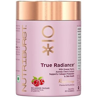 Nutriburst True Radiance Gummies for Collagen Improvement  Raspberry Collagen Gummies with Orange Peel  Acerola Cherry and Sea Buckthorn No Added Sugar  Enhance Elasticity and Health skin (30 Gummy)