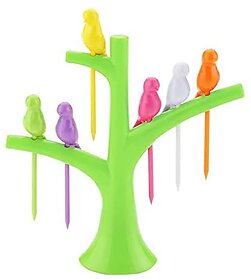 Electro Cloud Bird Fork Plastic Fruit Fork Set with Stand 6-Pieces Multicolour