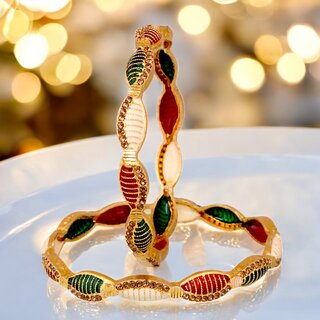 18k One Gram Gold Plated Traditional Designer Pack of 2 Bangle Set For Women