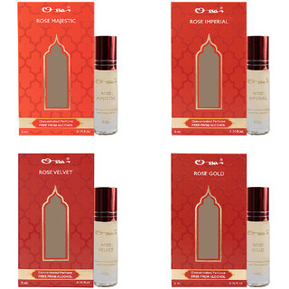 Rose Gold, Imperial, Velvet, Majestic 6ml Each Unisex Concentrated Perfume Alcohol Free Roll On Attar Combo Pack of 4