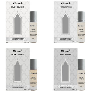 Musk Delight, Mirage, Serene,Sparkle 6ml Each Unisex Concentrated Perfume AlcoholFree Roll On Attar Combo Pack of 4