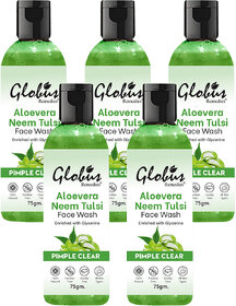 (Pack of 5) Globus Remedies Aloe Vera Neem Tulsi Face Wash 75gm Oil Control Glycerin Enriched Skin Cleanser