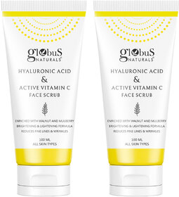 Globus Naturals Hyaluronic Acid Vitamin C Anti Ageing Face Scrub Enriched with Walnut Mulberry Skin Lightening Brightening Formula Reduces Dark Spots Suitable for All Skin Types 100 gm Set of 2