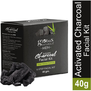 Globus Naturals AntiPollution Charcoal Men 6 Step Facial Kit For Oil Control Blackhead Removal Suitable For Oily Acne Prone Skin 40gm