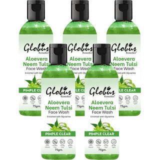 (Pack of 5) Globus Remedies Aloe Vera Neem Tulsi Face Wash 75gm Oil Control Glycerin Enriched Skin Cleanser