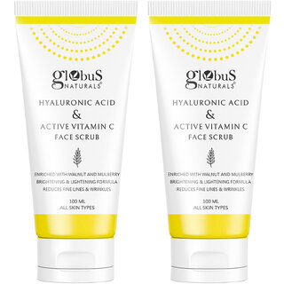 Globus Naturals Hyaluronic Acid Vitamin C Anti Ageing Face Scrub Enriched with Walnut Mulberry Skin Lightening Brightening Formula Reduces Dark Spots Suitable for All Skin Types 100 gm Set of 2