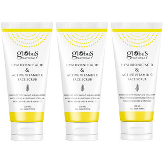 Globus Naturals Hyaluronic Acid  Vitamin C Anti Ageing Face Scrub Enriched with Walnut  Mulberry Skin Lightening  Brightening Formula Reduces Dark Spots Suitable for All Skin Types 100 gm Set of 3