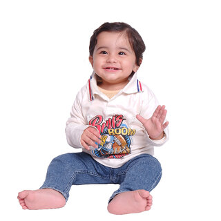 Kid Kupboard Cotton Baby Boys T-Shirt, White, Full-Sleeves, 12-18 Months KIDS7159