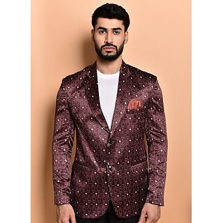 PrintCultr Printed Mandarin Festive & Wedding Men Blazer (Brown)