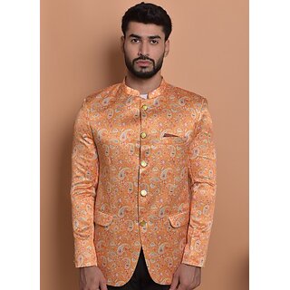 PrintCultr Printed Mandarin Festive & Wedding Men Blazer (Orange)