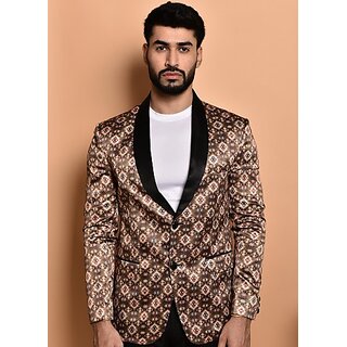 PrintCultr Printed Mandarin Festive & Wedding Men Blazer (Brown)