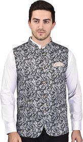PrintCulture Men Printed Black Cotton Blend Nehru Jacket