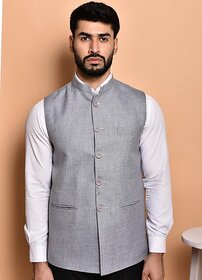 PrintCulture Men Solid Grey Cotton Blend Nehru Jacket
