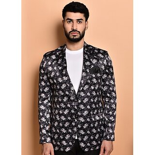 PrintCultr Printed Mandarin Festive & Wedding Men Blazer (Black)