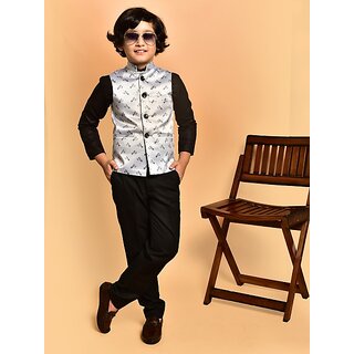 PrintCulture Boys Printed Nehru Jacket (Silver)