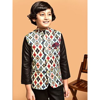 PrintCulture Boys Printed Nehru Jacket (Beige)