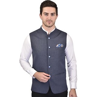 PrintCulture Men Solid Grey Cotton Blend Nehru Jacket