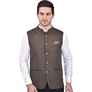 PrintCulture Men Solid Brown Cotton Blend Nehru Jacket