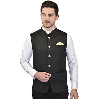 PrintCulture Men Solid Black Cotton Blend Nehru Jacket