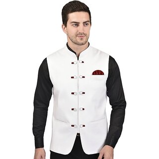 PrintCulture Men Solid White Cotton Blend Nehru Jacket