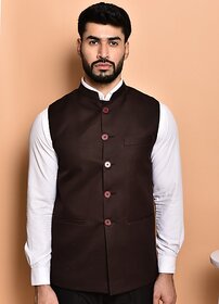 PrintCulture Men Solid Brown Cotton Blend Nehru Jacket