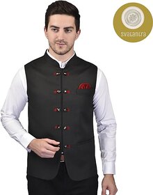 PrintCulture Men Solid Black Cotton Blend Nehru Jacket